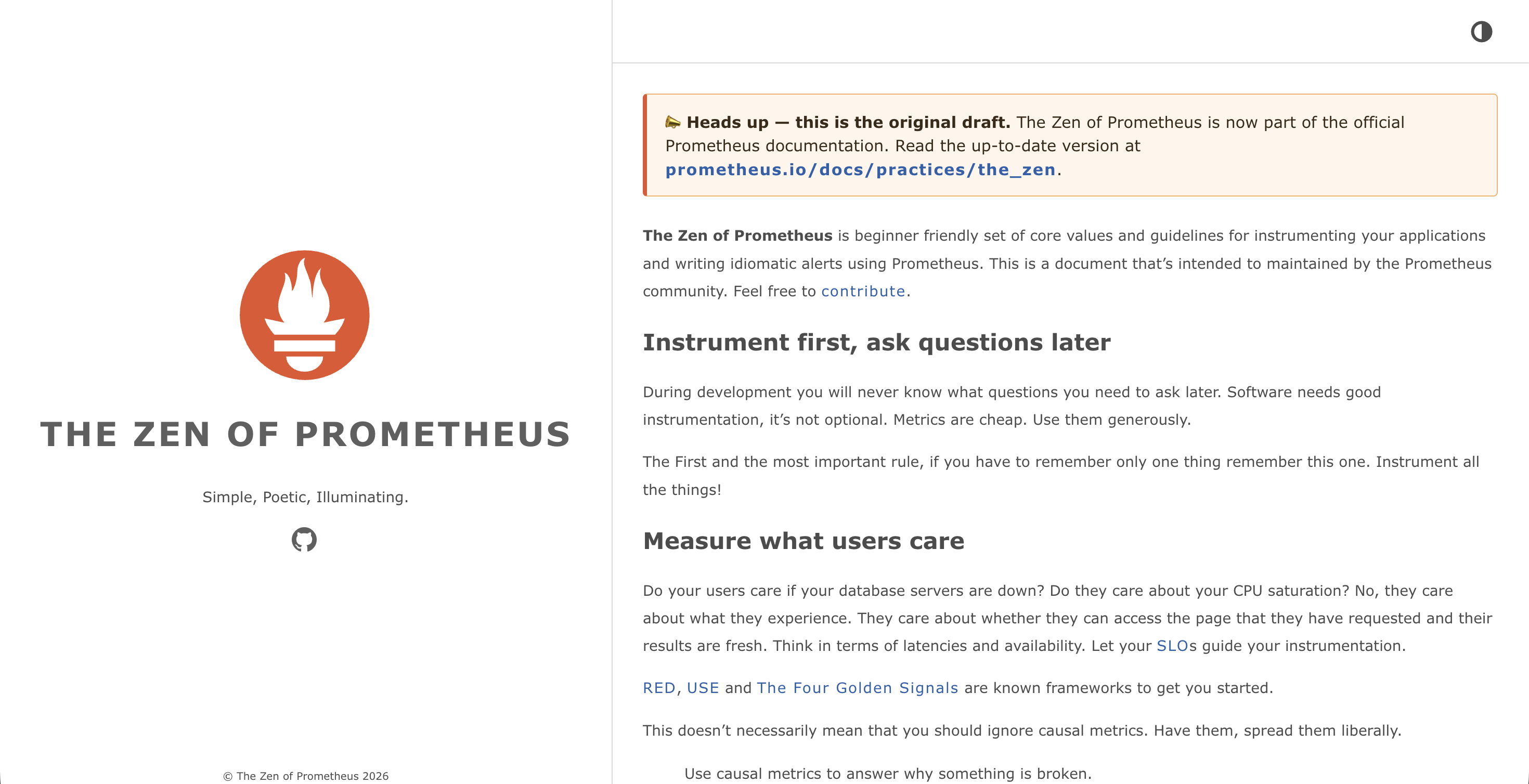 Screenshot of the original Zen of Prometheus companion site, hosted at the-zen-of-prometheus.netlify.app, with the &ldquo;Heads up — this is the original draft&rdquo; banner pointing readers to the official docs.